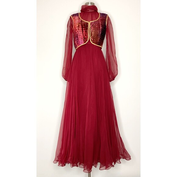 Lillie Rubin Dress and Vest Set Vintage Red Long Sleeve Chiffon Turtleneck - Picture 1 of 16